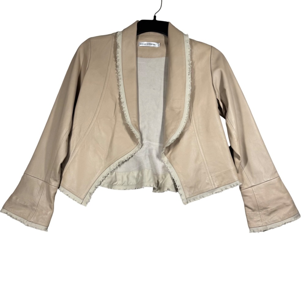 Sarah Stewart‎ Leather Jacket Fringe Trim Women's M Beige Open Front Boho Luxe